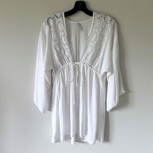 Raviya White Eyelet Embroidered Swim Cover Up Tunic Kimono Sleeve Rayon Small